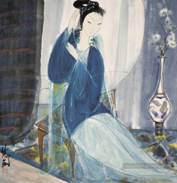 Dame en bleu vieille Chine encre Peinture à l'huile